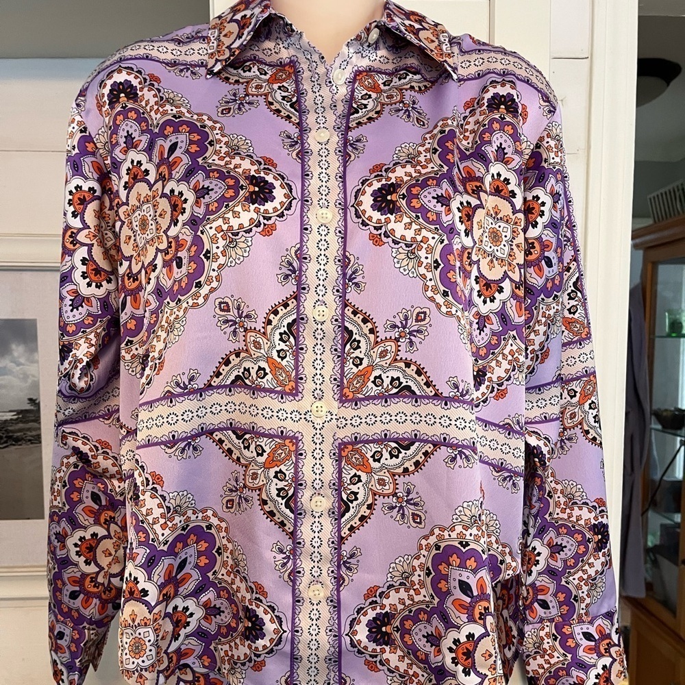 Ann Taylor XXSP Button Down Blouse Purple Oran  Pattern NWOT - Picture 2 of 11